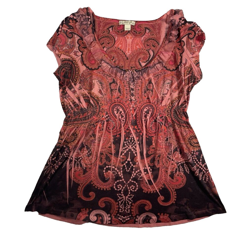 Y2K Energe Floral Top Size L Burgundy Paisley Rhinestone Whimsigoth Polyester